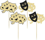 Ephlyn 24Pcs Theatrical Mask Cupcake Toppers Glitter Comedy Movie Cake Topper Decorations for Film Festival Theme Birthday Party Cake Decorations Supplies Black Gold