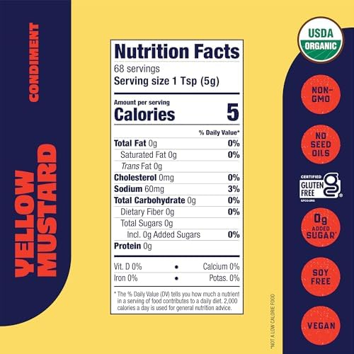 Organicville Yellow Mustard - Mustard Yellow Organic, Yellow Mustard, Vegan, Gluten Free, USDA Organic, Non-GMO, Paleo, Whole 30, Keto-Friendly Mustard - 12 Oz