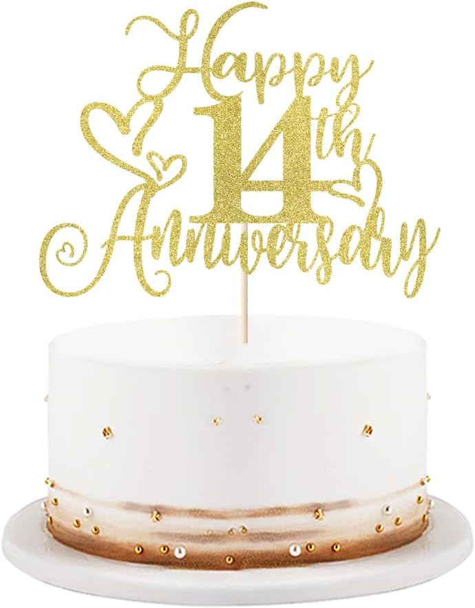 golden Glitter Happy 14th Anniversary Cake Toppers-Wedding Anniversary Party Decorations,gold Wedding Party，Birthday Party Decorations,Company Anniversary Party/14th Birthday Party Decorations (14th)