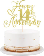 golden Glitter Happy 14th Anniversary Cake Toppers-Wedding Anniversary Party Decorations,gold Wedding Party，Birthday Party Decorations,Company Anniversary Party/14th Birthday Party Decorations (14th)