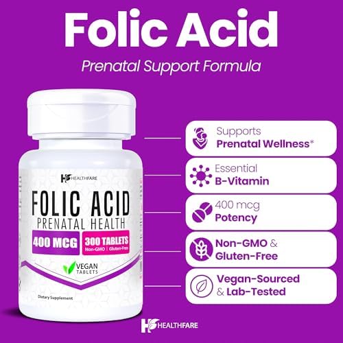 Healthfare Folic Acid 400mcg | 300 Veg Tablets | Folate Vitamin B9 | Gluten-Free | Non-GMO | Made in USA