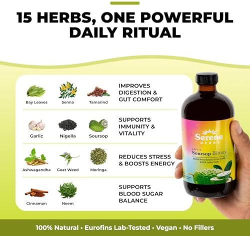 Serene Herbs - Soursop Bitters Liquid - Organic Herbal Guanabana Detox with Black Seed, Moringa & Ginger - Supports Digestive Wellness & Immune Function - 16 fl oz
