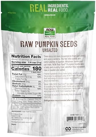 NOW Foods, Pumpkin Seeds, Raw and Unsalted, Essential Fatty Acids, Rich in Iron, Excellent Source of Protein, Certified Non-GMO, 1-Pound (Packaging May Vary)