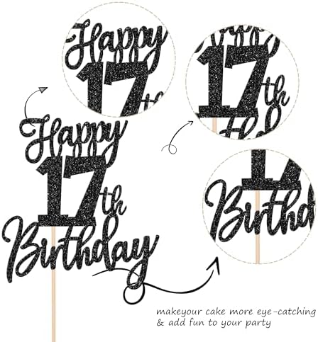 1 PCS Happy 17th Birthday Cake Topper Glitter Cheers to 17 Years Birthday Cake Pick Seventeen Hello 17 Cake Decoration for Happy 17th Birthday Anniversary Theme Party Decorations Supplies Black
