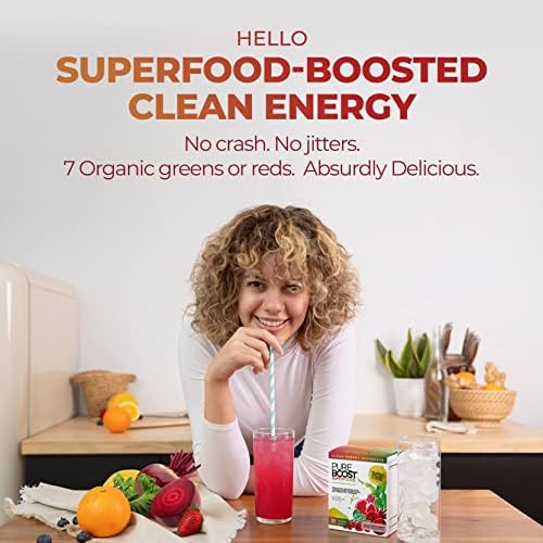Pureboost Superfoods Clean Energy Booster, Refreshing Energy Drink Mix with 7 Organic Red Superfoods; Beet, Hibiscus, Pomegranate and Vitamins. Sugar-Free, No Sucralose (Red Burst, 30 Count)