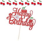 Glitter Cherry Happy Birthday Cake Topper | Fruit Theme Sweet Cherry Cake Picks for Cherry Theme Baby Shower Kids Birthday Party Cake Decorations Supplies