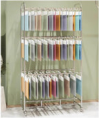 XPLKQXE Movable Stainless Steel Fabric Sample Storage Rack, Floor-Standing Curtain/Quilt/Blanket Display Stand, Commercial Textile Retail Store, with Wheels(Silver-2 Layers,120x40x180cm)