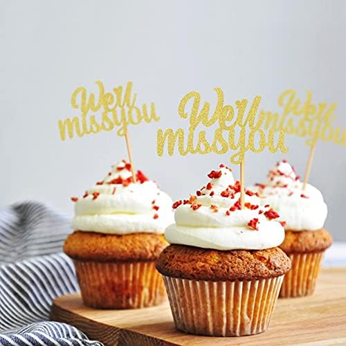 36Pcs Glitter Golden We'll Miss You Cupcake Toppers for Retirement, Graduation, Going Away, Office Work, Farewell Party Decorations Supplies Nostalgia Day Anniversary Cupcake Decorations