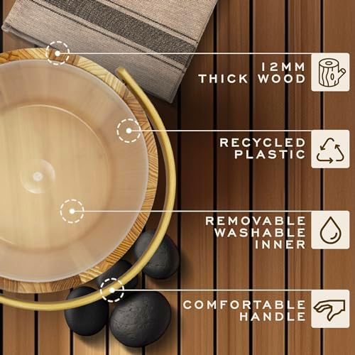Pure Sauna Unique Wooden Sauna Water Bucket and Ladle Set - Improved Ergonomic Handle - Cedar Wood Sauna Water Bucket, Titanium & Recycled Plastic with 4L Capacity - Premium Sauna Accessories