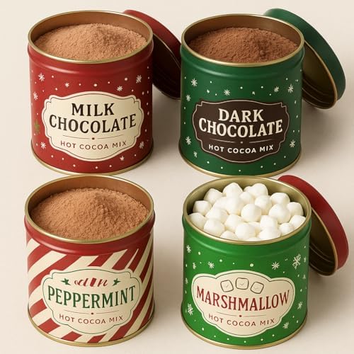 Hot Chocolate Cocoa Mix Gift Set 4 Pack Tins - Milk Chocolate, Dark Chocolate, Peppermint & Marshmallow Flavor | Gourmet Christmas Treat Holiday Gift Her Him Mum Dad Brother Sister Kids Coworker