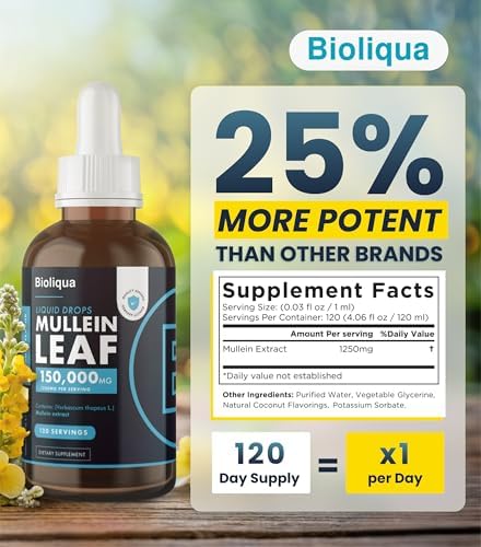 Balance Bioliqua Mullein Drops for Lungs - High Strength of 150,000mg per 4fl oz Tincture - 120 Servings at 1,250mg per Dose - Lung Detox & Bronchial Cleanse - Coconut Flavour
