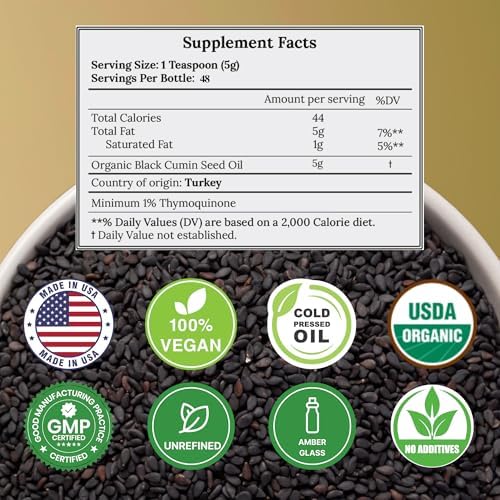 Black Seed Oil Organic Cold Pressed Unrefined Glass Bottle | USDA Certified Organic Black Cumin Seed Oil | High Thymoquinone Omega 3 6 9 | For Immune Support, Joints, Digestion, Hair & Skin | 8 Fl oz