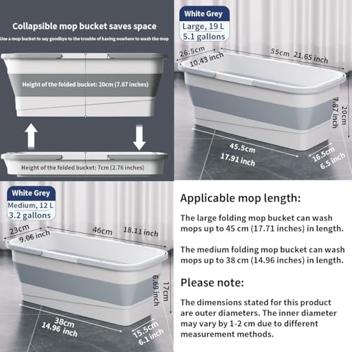 Foldable Mop Bucket with Dual Handles, Rectangular Collapsible Bucket, for House Cleaning, Camping & RV Use (12 L (3.2 Gallons), White Grey)