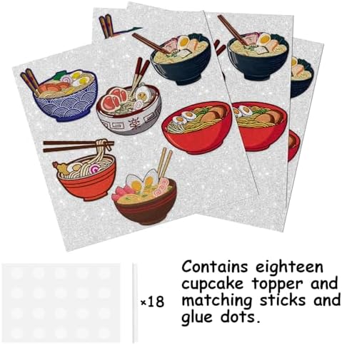 18pcs Glitter Dessert Cupcake Topper Pick for Japanese Food Noodle Theme Decor Supplies Baby Shower Men Woman Happy Birthday Party Decorations