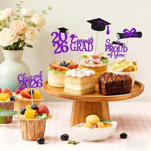 24 Pcs Graduation Cupcake Toppers 2026 - Congrats Grad Decorations Class of 2026, Pre-Assembled Purple Grad Cake Topper Centerpieces for Graduation Party Decoration Supplies Table Decor, 6 Styles