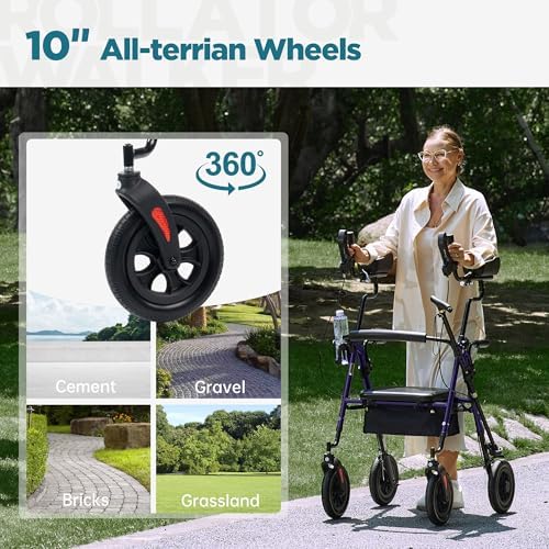 ELENKER All-Terrain Upright Rollator Walker, Stand Up Rolling Walker with 10’’Big PU Wheels and Adjustable Padded Armrests for Seniors from 4’8”to 6'4”, Purple