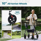 ELENKER All-Terrain Upright Rollator Walker, Stand Up Rolling Walker with 10’’Big PU Wheels and Adjustable Padded Armrests for Seniors from 4’8”to 6'4”, Purple