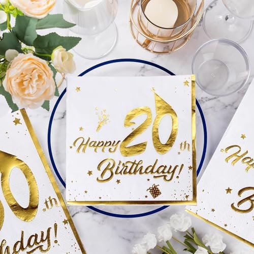 20th Birthday Napkins Gold Foil 40 Count Disposable Party Napkins for 20th Birthday Party 20Anniversary Celebration, 13 Inch White Dinner Napkins with "20th Birthday" Foil Printing