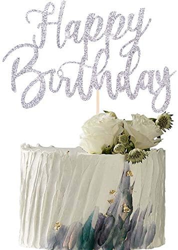 Handmade Glitter happy birthday Cake Topper, Happy Birthday Cake Bunting Decor, Party Decoration Supplies (Silver)