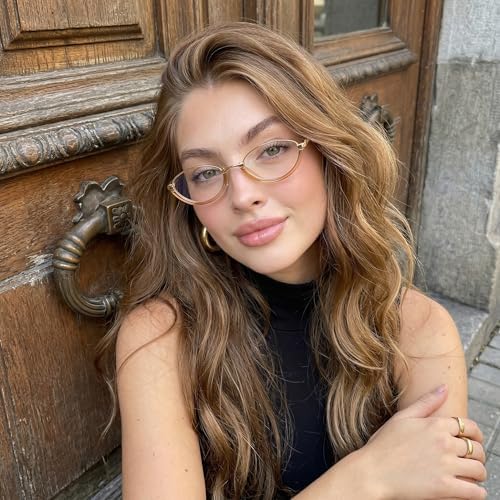 SIPHEW Retro Small Oval Metal Frame Glasses w Blue Light Blocking for Women | 90s Small Face Glasses|Anti Eyestrain
