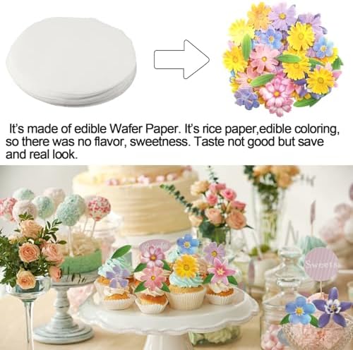 Morofme 60pcs Edible Flower Cake Decorations Wafer Paper Flowers Hawaiian Flower Leaves Cake Decor Daisy Cupcake Topper Mixed Size for Colourful Tropical Themed Baby Shower Birthday Party Supplies