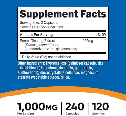 Nutricost Panax Ginseng 1000mg, 240 Capsules - Non GMO, Gluten Free, 120 Servings