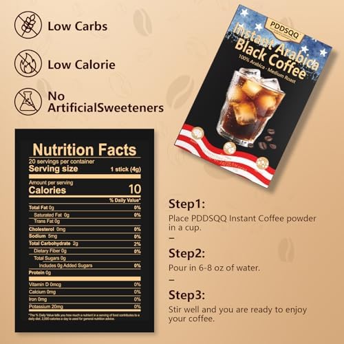 Instant Coffee Packets 20 Count, Medium Roast 100% Arabica Instant Coffee Sticks, Sugar Free Black Coffee Single Serve, Hot or Iced Coffee Powder, Travel Friendly Instant Coffee Packets (2.82oz / 80g)