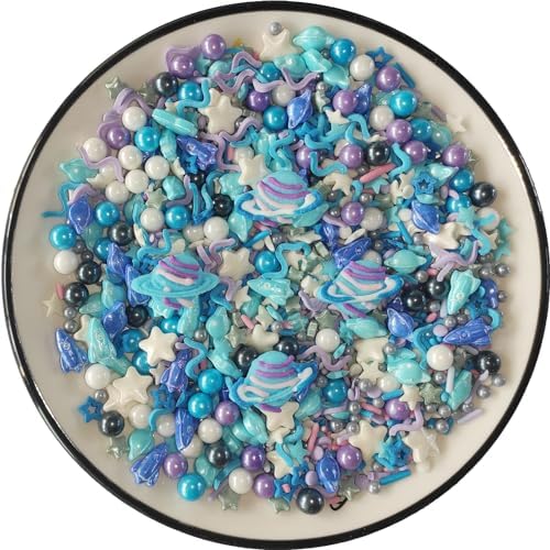 Edible Space Themed Big Planet Rocket Sugar Sprinkles Spacecraft Dessert sprinkles Star Cake Cupcake Toppers Pearls cookie decorations for cake Decorating, 3.35 Ounce(Blue)