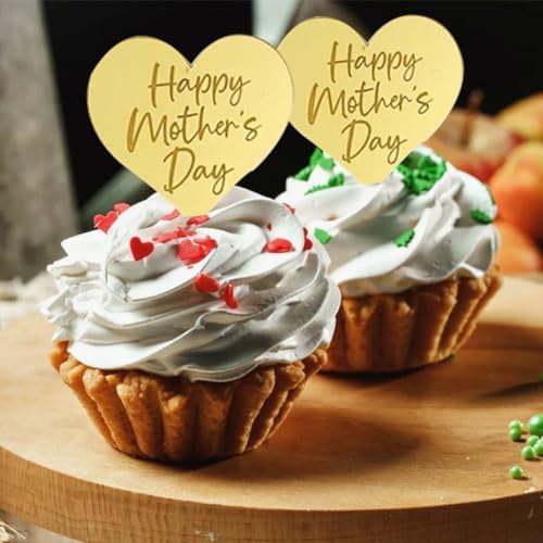 25Pcs Happy Mothers Day Cupcake Topper Acrylic Mirror Disc Heart Cake Engraved Cake Topper Cupcake Decorations for Mother's Day (Gold)