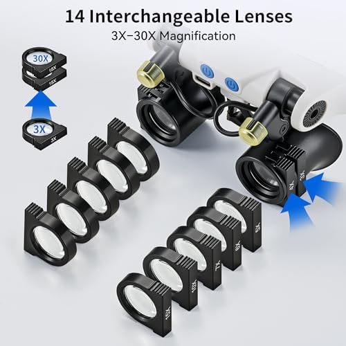 JARLINK Magnifying Glasses with LED Light, Hands Free Magnifier with 14 Interchangeable Lenses 3X 4X 5X 6X 7X 10X 15X, Magnifying Glasses for Close Work, Crafts, Jewelry, Sewing, Electronics Repair