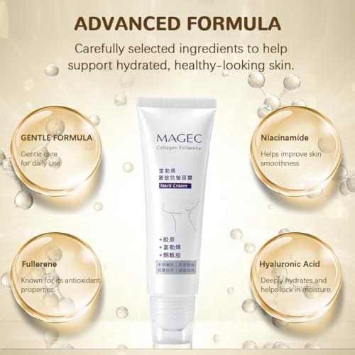 Magic Collagen Fullerene Neck Cream, Tighten and Lift Firming Neck Cream for Crepey Skin, Collagen Neck Cream with Five Rollers, Reduces Wrinkles and Double Chin (1pcs)