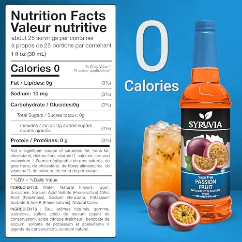 Syruvia Sugar Free Passion Fruit Flavored Syrup for Drinks, Cocktails, Lemonades, Iced Teas and Desserts – 25.4 fl oz