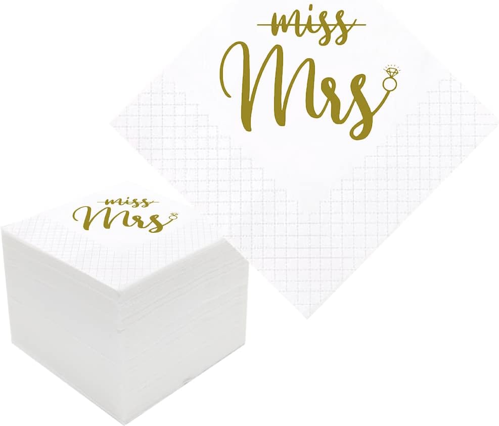 Bridal Shower Cocktail Napkins, 100 Pack Gold From Miss To Mrs Disposable Paper Napkins in Bulk for Bridal Shower Engagement Wedding Bachelorette Table Decorations| 2-Ply, 5x5 Inches (Miss Mrs)
