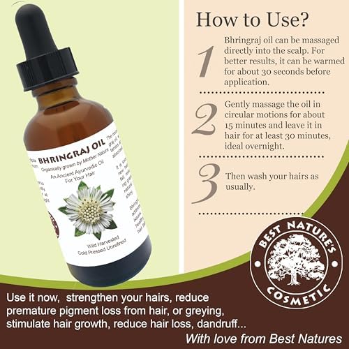 Best Nature's Bhringraj Oil – Pure Indian Eclipta Alba Oil for Hair Growth, Dandruff & Early Graying – Natural Scalp Cleanser – Hello Luminous, Shiny Hair – 2 fl oz