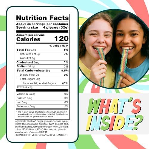 Sour Power Quattro Rainbow Candy Belts, 2.5 lb Bulk Tub Resealable, Vegan Four Flavor Sour Belt Strips Since 1985, Soft Chewy Sweet Tart, Non-GMO Gelatin Free, Bubble Wrapped & Boxed for Shipping
