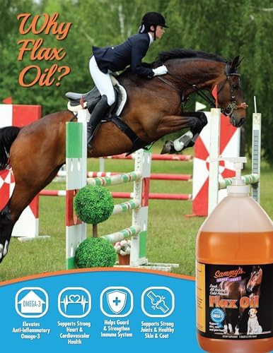 Sammy's Shiny Coat Flax Oil for Horses, Pure Flaxseed Oil for Horse, Rich in Omega-3 Fatty Acids, Flax Oil Horse Supplement for Skin and Coat, Immune, Cardio and Joint Support, 1 Gallon with Free Pump