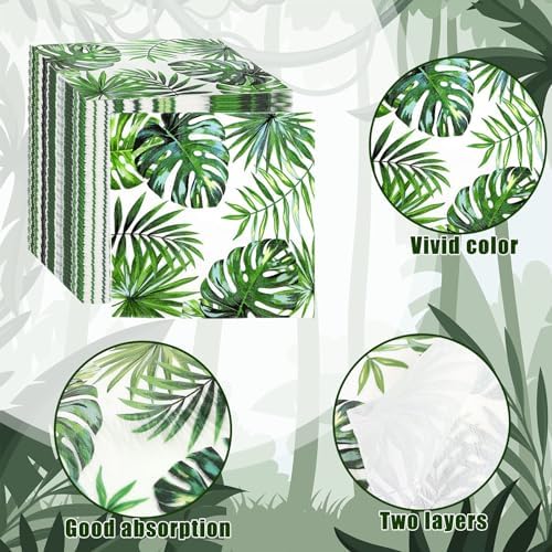 Engrowtic 100 Pcs Tropical Palm Leaf Napkins Luncheon Paper Hawaiian Luau Napkins 6.5 x 6.5'' Square Safari 2 Ply Disposable Jungle Baby Shower Party Decorations for Summer Birthday Supplies