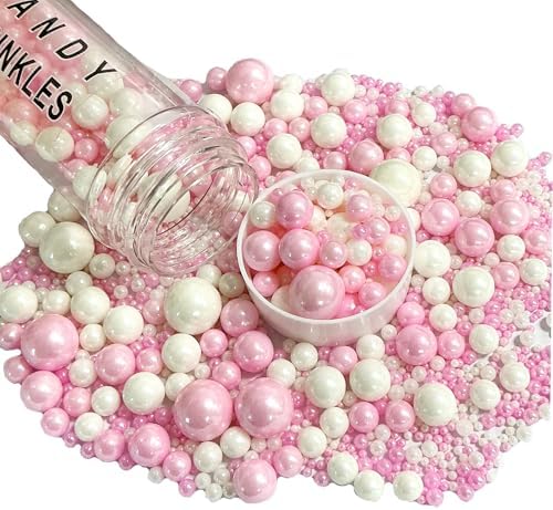 Sprinkles Edible Pink White Pearl Sugar Sprinkles Candy 142g/5.01oz Mix Size Pink White Pearls Baking Cupcake Toppers Cookie Ice Cream Decorations for Wedding Parties Valentines Day