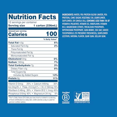 Ripple Original Plant Based Milk | 8g of Quality Sourced Pea Protein, Calcium Rich | Shelf Stable | Vegan & Non GMO Certified | Dairy, Soy, Nut, Gluten, & Lactose Free | 8 Fl Oz Cartons (Pack of 12)