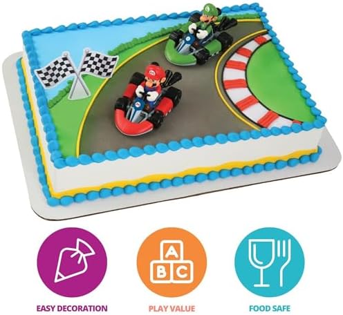 DecoSet® Mario Kart™ Cake Topper, 3 Piece Cake Decoration with Race Kart Toppers & Checkered Flag Decoration, Collectible Character Karts for Hours of Fun After the Party