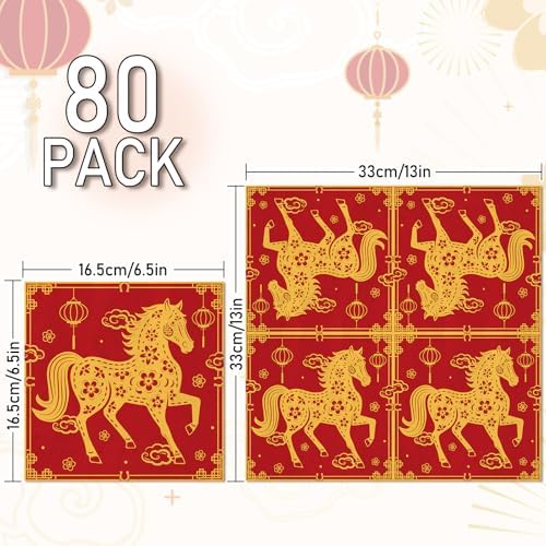 Whaline 80 Pcs Chinese New Year Luncheon Napkins Disposable Paper Napkin Decorative Chinoiserie Red Gold Horse Dessert Dinner Hand Napkin for Spring Festival Lunar New Year Party Supplies Table Decor
