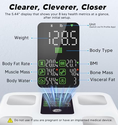 GE Smart Body Weight Scale, with 8-in-1 Display for BMI Body Fat Muscle Mass, Digital Bathroom Bluetooth Scale, 14 Composition Analyzer for Health Monitoring, 11.8", Accurate 400lb Weighing, White