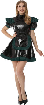 High Collar PVC Leather Maid Dress Shiny Pu Leather Short Puff Sleeve Outfit,Dark Green,S