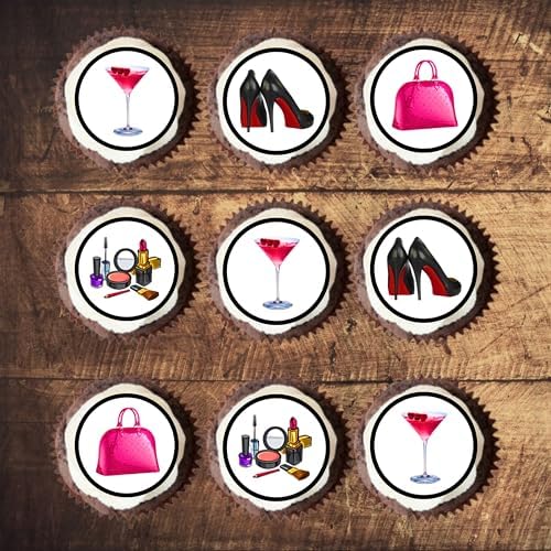 Bag, Shoes & Make Up Edible Cupcake Toppers, Girls Edible Cake Decorations, Pink Cake Decorations for Women, Party Girl Bachelorette Cookie Decor, 48 x 3cm / 1.18 inch UNCUT Discs
