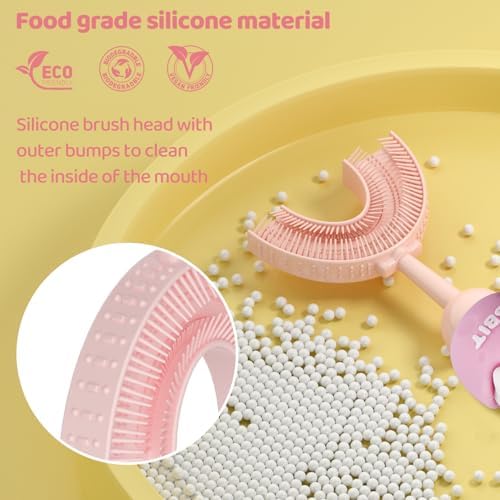 U-Shaped Toothbrush for Kids Ages 2-7, Soft Food-Grade Silicone for Sensitive Gums, 360 Teeth Cleaning Design, Training & Travel-Friendly Toddler's Toothbrush (Pink)
