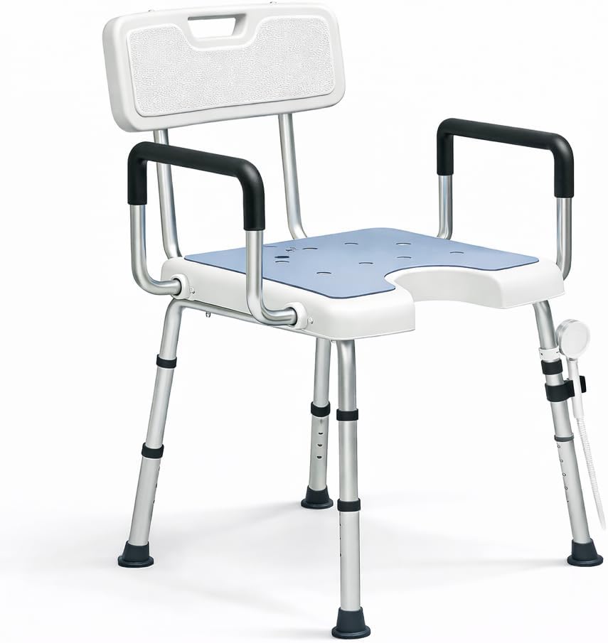 Shower Chair for Inside Shower with Arms and Back HSA/FSA Eligible, 400lbs Capacity Height Adjustable U-Shaped Seat for Seniors Elderly Easy Bathing, 4-in-1 Tool-Free Assembly
