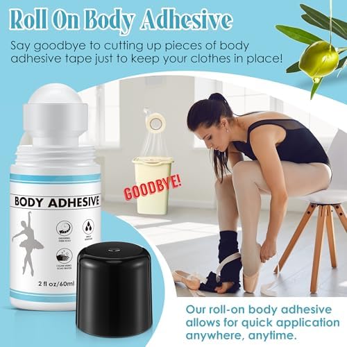 1 Pcs Roll On Body Adhesive for Dancers, Sweat Resistant Water Wash Off Body Glue for Skin & Clothing, Fashion Butt Glue Applicator for Compression Stocking, Bras, Residue Free, 2oz