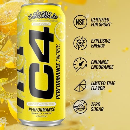C4 Energy Drink, Lemonade "Limited Edition" Carbonated, Sugar Free Pre Workout Performance Drink with no Artificial Colors or Dyes, 16oz Pack of 12