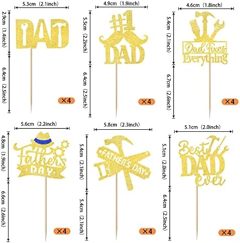 24 Pack Happy Father's Day Cupcake Toppers Glitter Best Dad Ever Cupcake Picks Love Father #1 Dad Tie Moustache Hat Tool Cake Decorations for Happy Father's day Theme Men Birthday Party Supplies Gold