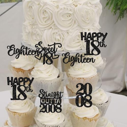 30PCS Black 18th Birthday Cupcake Toppers Glitter Eighteen Happy 18th Straight Outta 2008 Cupcake Picks for Cheers to 18 Years Birthday Wedding Anniversary Party Decoration Supplies